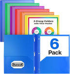 Dunwell 2-Pocket 3-Prong Folders, Clear Front Pocket, 6 Pack, Poly | 6 Vibrant Colors, Durable Acid-Free Poly Plastic, Binder Folders with Brads, Includes Labels