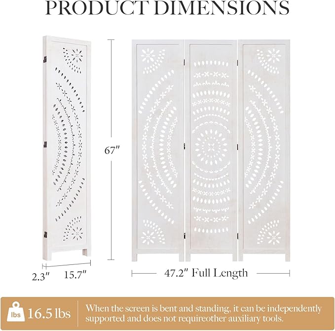 66.9Inch Folding Room Divider, 3 Panels Wood Carved Privacy Screens, Free - Image 6