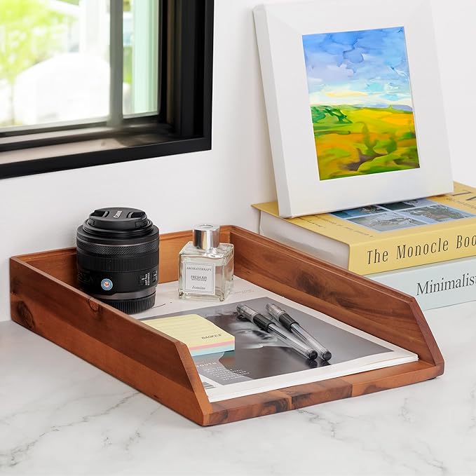 Demigo Desk Organizer Letter Tray Set of 2, Acacia Wood Tabletop Desktop - Image 7
