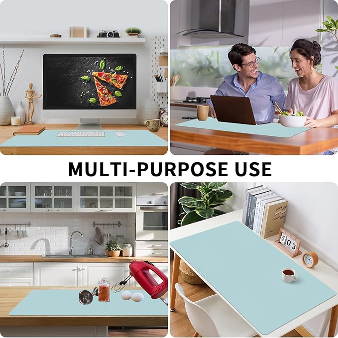 Bloss Light Blue Desk Mat, Large Mouse Pad, Leather Desk Blotter, Waterproof - Image 4