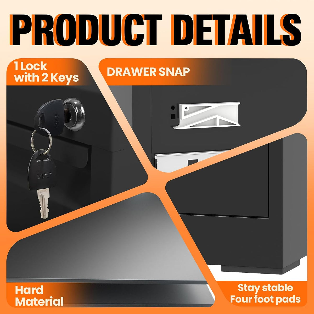 4 drawer file cabinet with lock,vertical filing storage, side view
