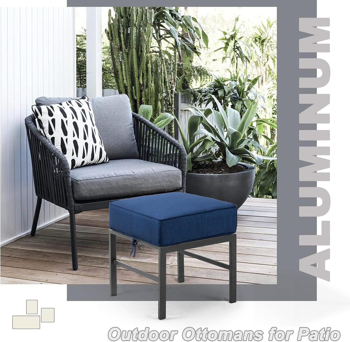 2 Pieces Outdoor Ottomans for Patio, Assembled Patio Ottomans with Bule Cushi...