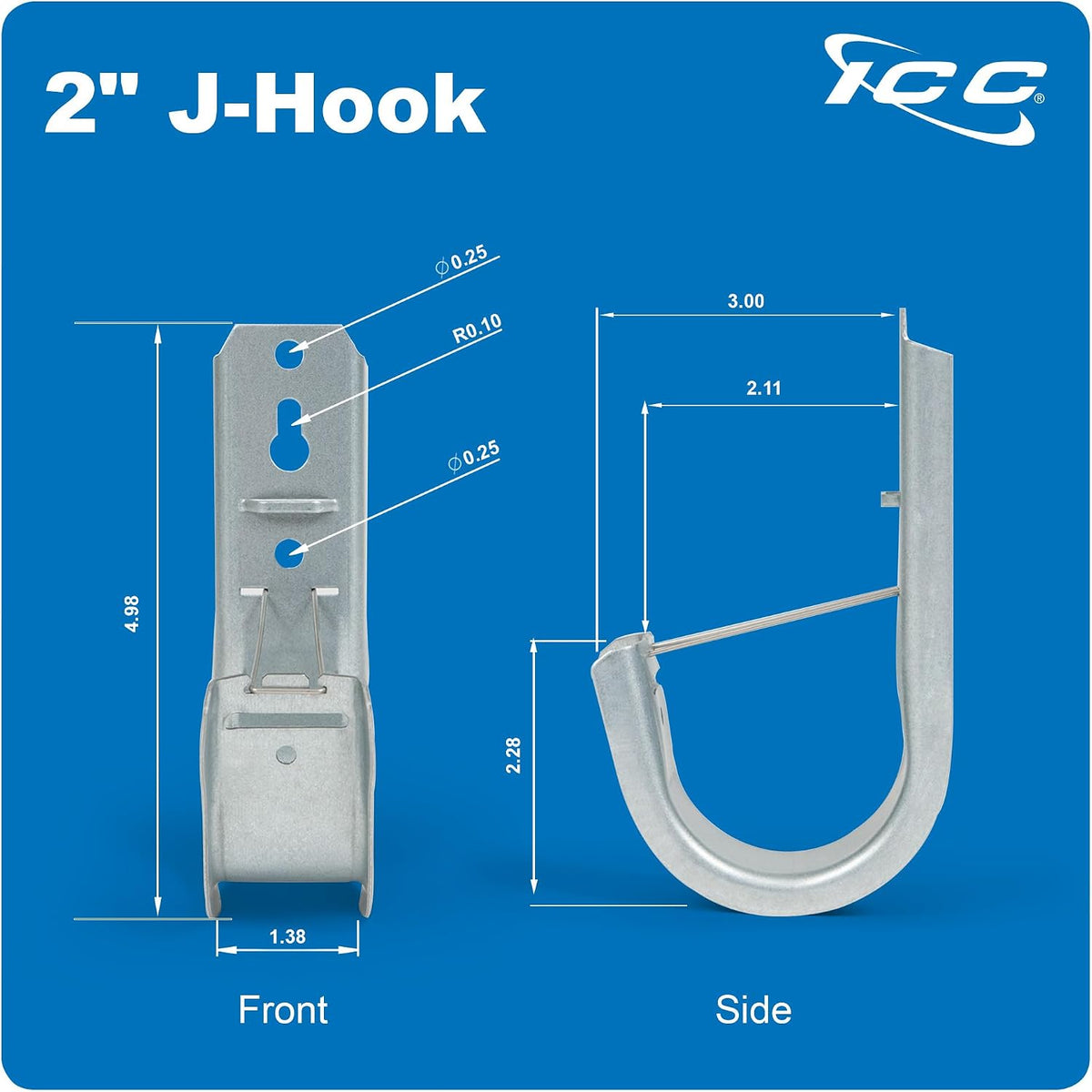 ICC 2-Inch Wall Mount J Hook Cable Management, Retainer Clips, 25-Pack
