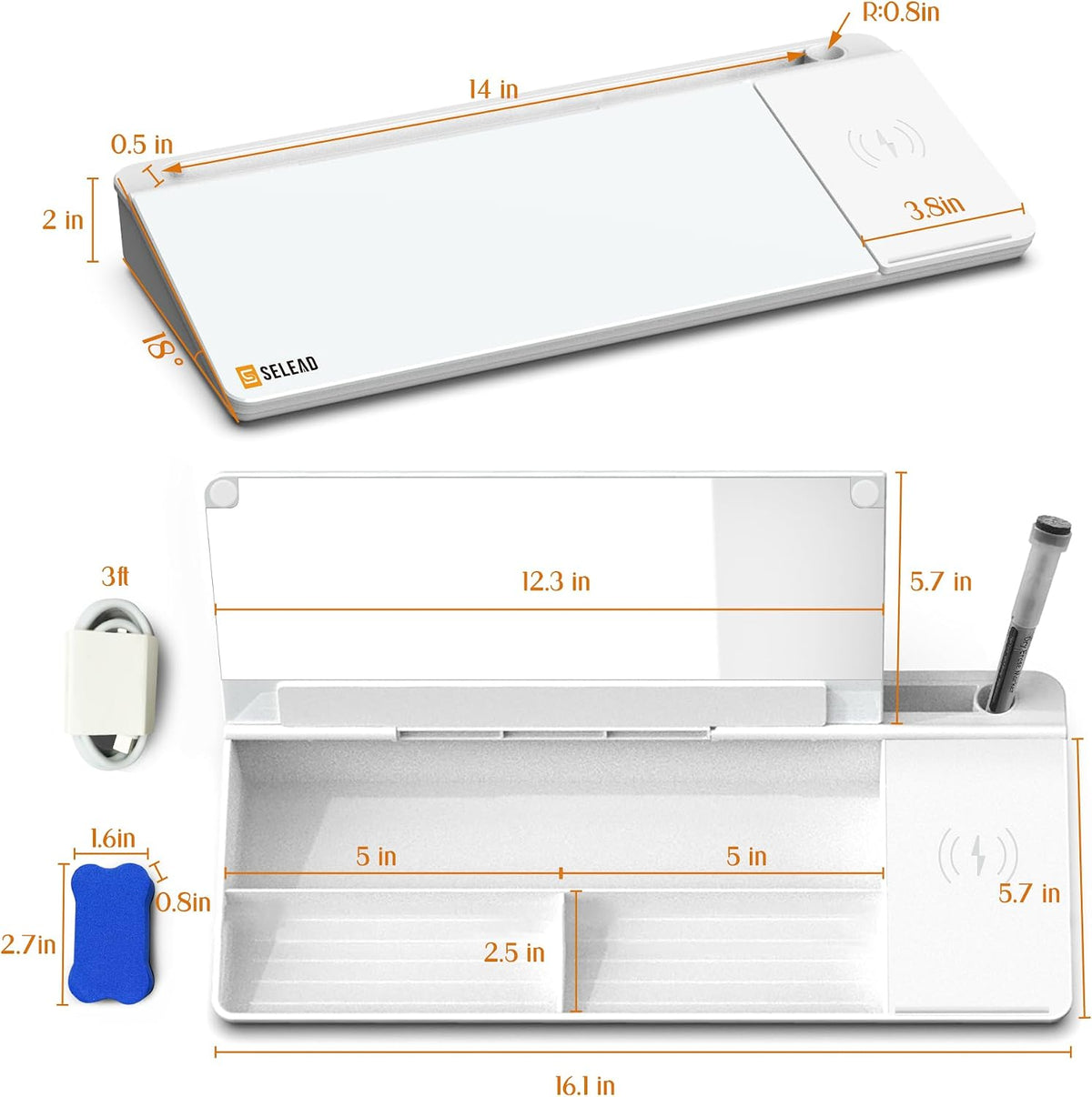 SELEAD Desktop Glass Whiteboard with Wireless Charger and Mirror, White