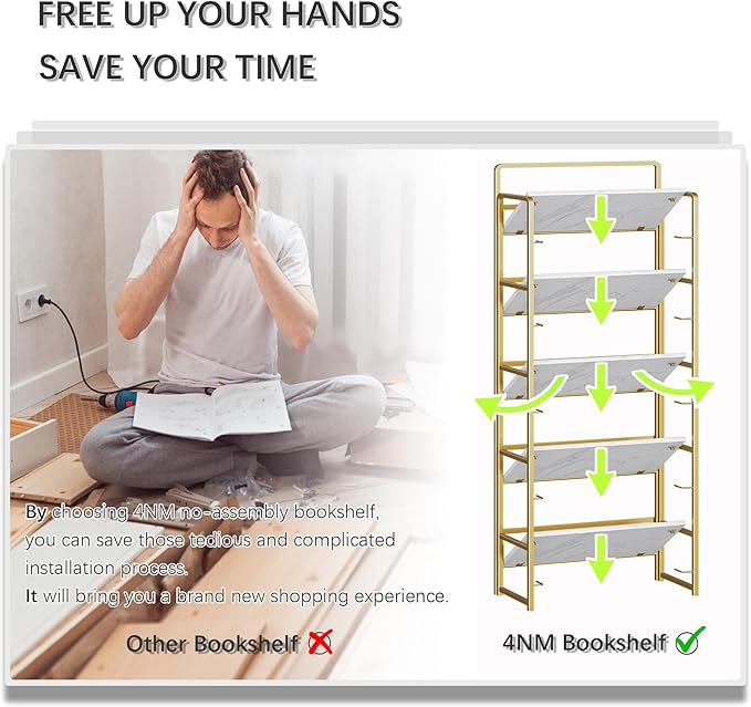 4NM No Assembly 5 Tiers Folding Bookshelf Storage Shelves Vintage Bookcase - Image 7
