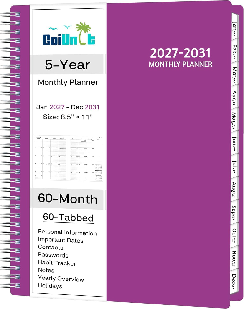 Monthly Planner 2027-2031, 5-Year Calendar Planner 2027-2031, Jan 2027 – Dec 2031, 8.5 x 11 In, Ruled Spread, Flexible Cover, Spiral Wirebound, Pocket, 60 Coated Monthly Tabs, Notes ＆ Habit Tracker, A4 Planner, Purple