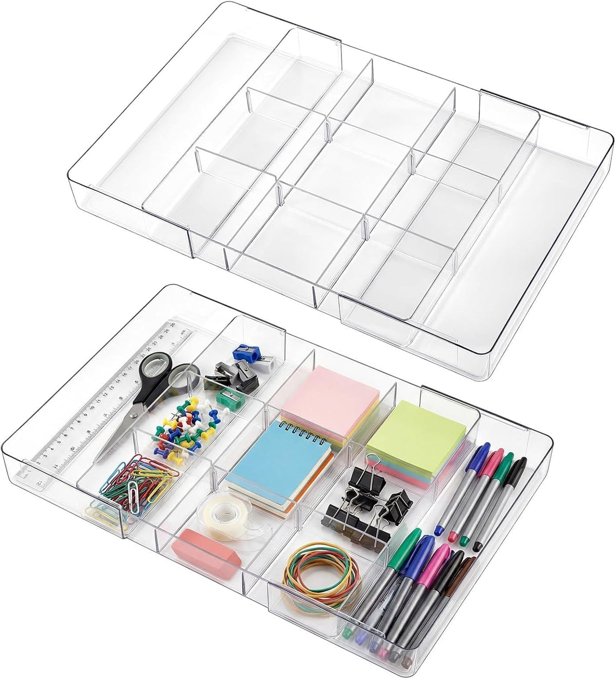 Briwooody 2 Pcs Expandable Drawer Organizer, Transparent, 11 Compartments