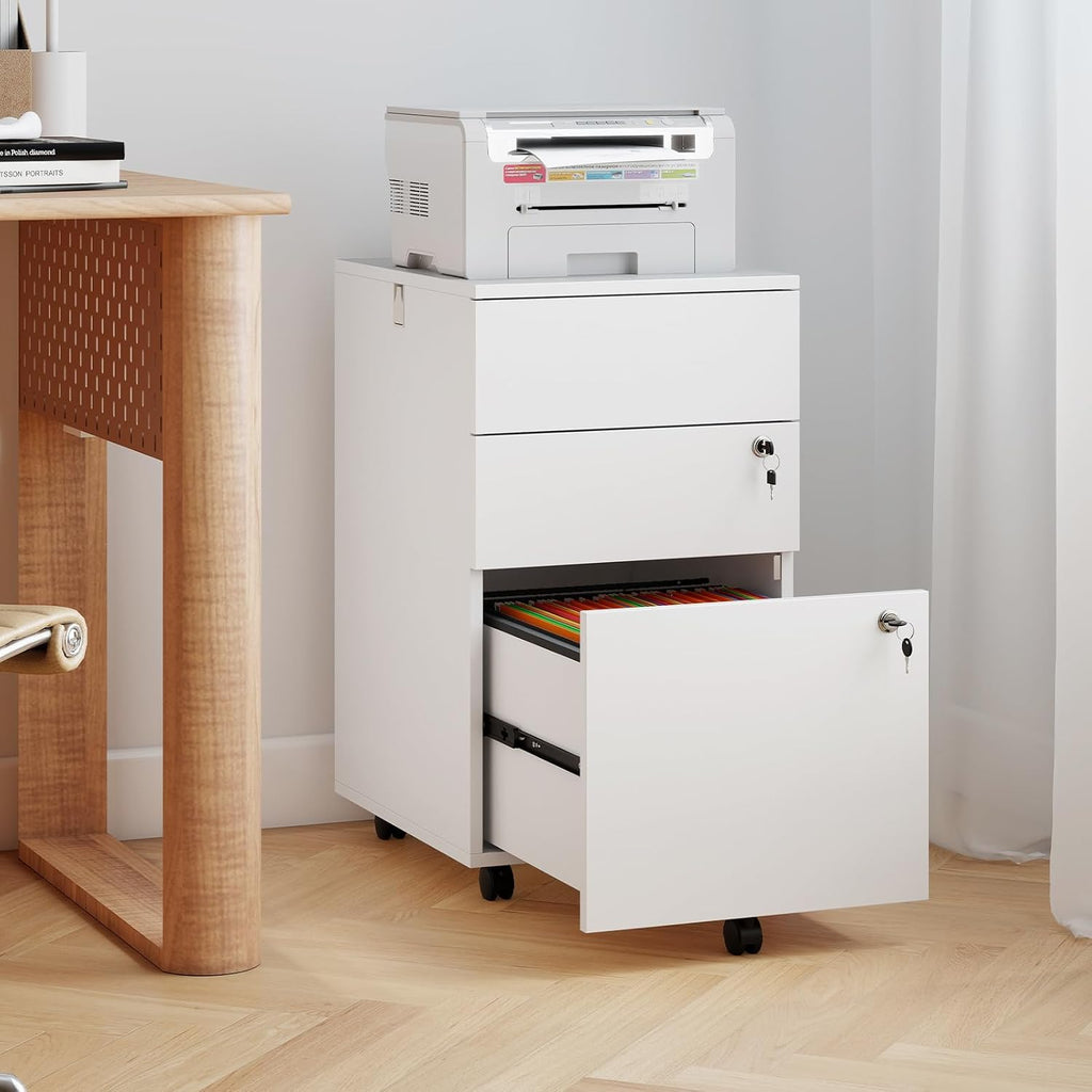 Giantex 3-Drawer File Cabinet with Lock, 27-Inches Storage Cabinet with 2 Side Hooks, Mobile Printer Stand, Wheels, 4 Keys, Vertical Filing Organizer fits Letter/A4 Size for Home Office (White)