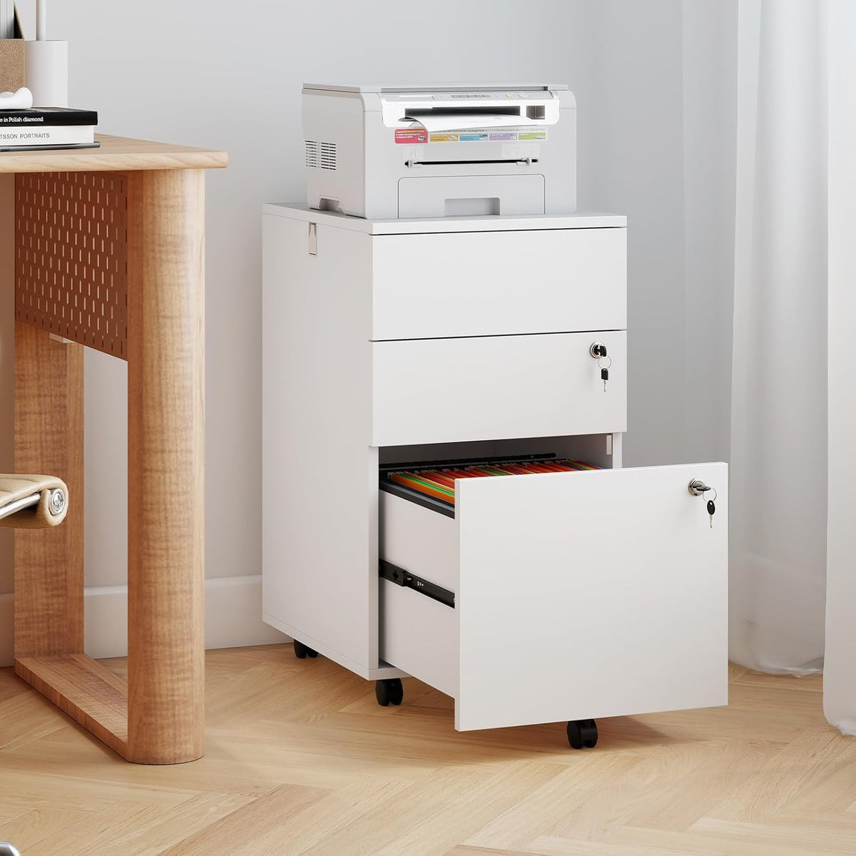 Giantex 3-Drawer File Cabinet with Lock, 27-Inches Storage Cabinet with 2 Side Hooks, Mobile Printer Stand, Wheels, 4 Keys, Vertical Filing Organizer fits Letter/A4 Size for Home Office (White)