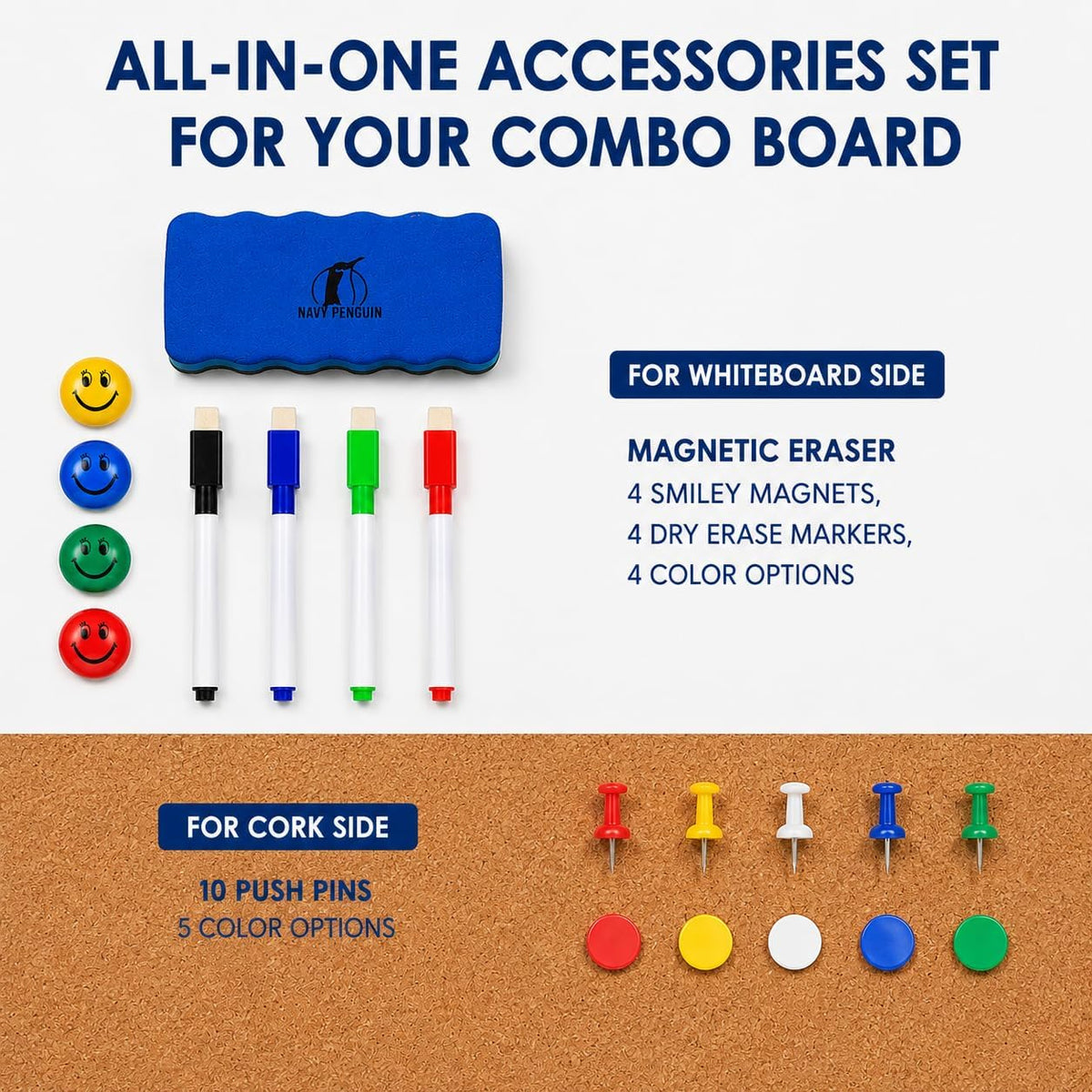White Board with Cork Board 24x18 in, Combo Dry Erase Board for Wall