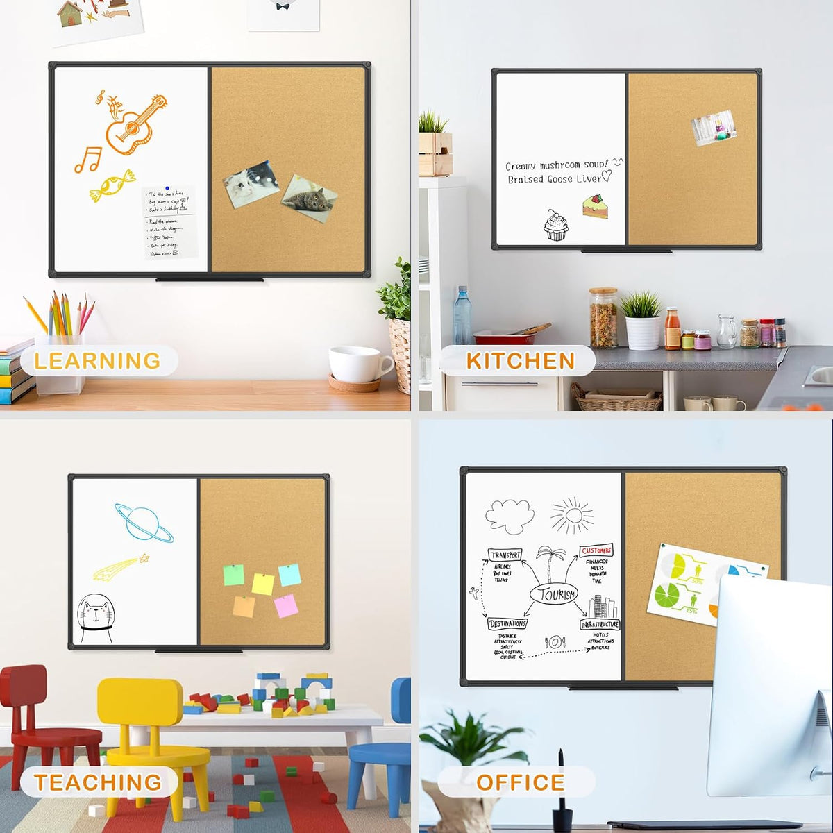 JILoffice White Board & Bulletin Corkboard Combination, Combo Board 36 x ...