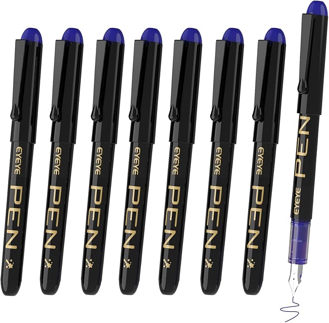 EYEYE Fountain Pens for Writing, 8 Pack Blue Fine Point Pens Disposable by eyeye