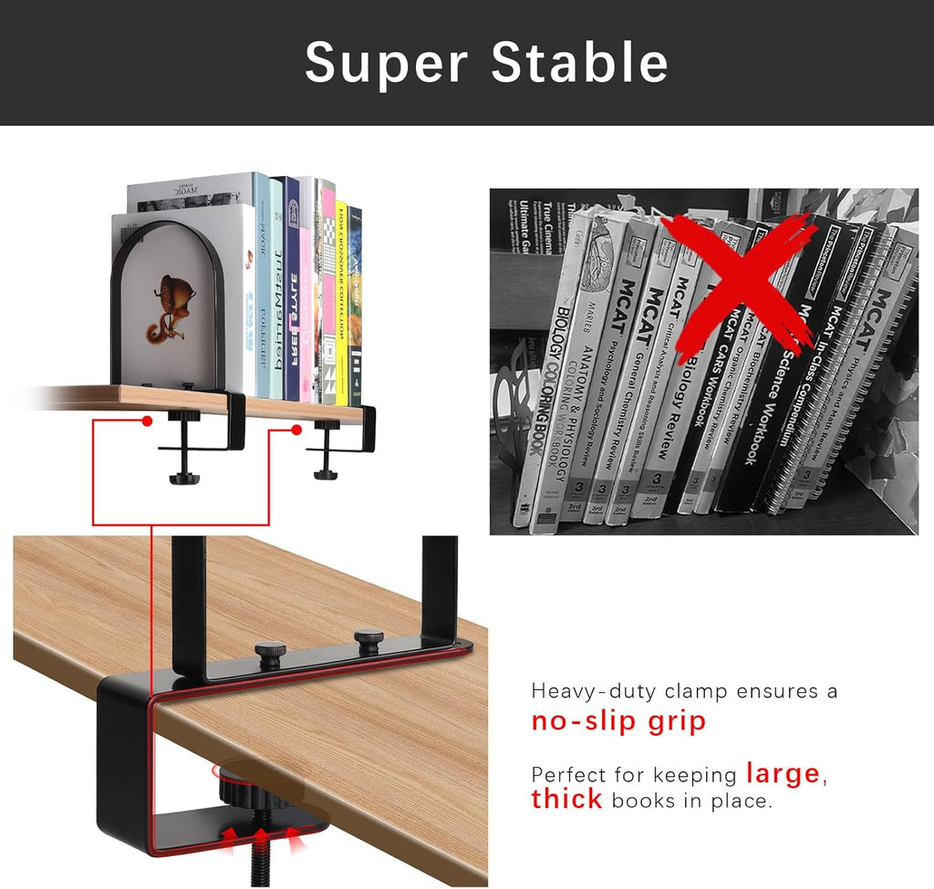 WOMACO Book Ends for Heavy Books, Heavy Duty Bookend for Shelves, Super Steady Clamp-On Non-Skid Metal Book Shelves Holders Stoppers for CDs, Vinyl Records (Black, 6 Pairs)