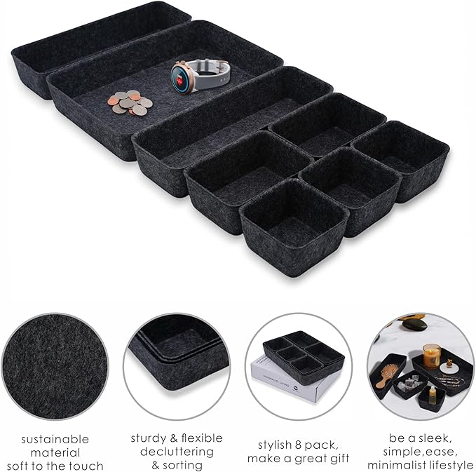 Welaxy Desk Drawer Organizer Tray, 8-Piece Shallow Felt Office Storage - Image 6