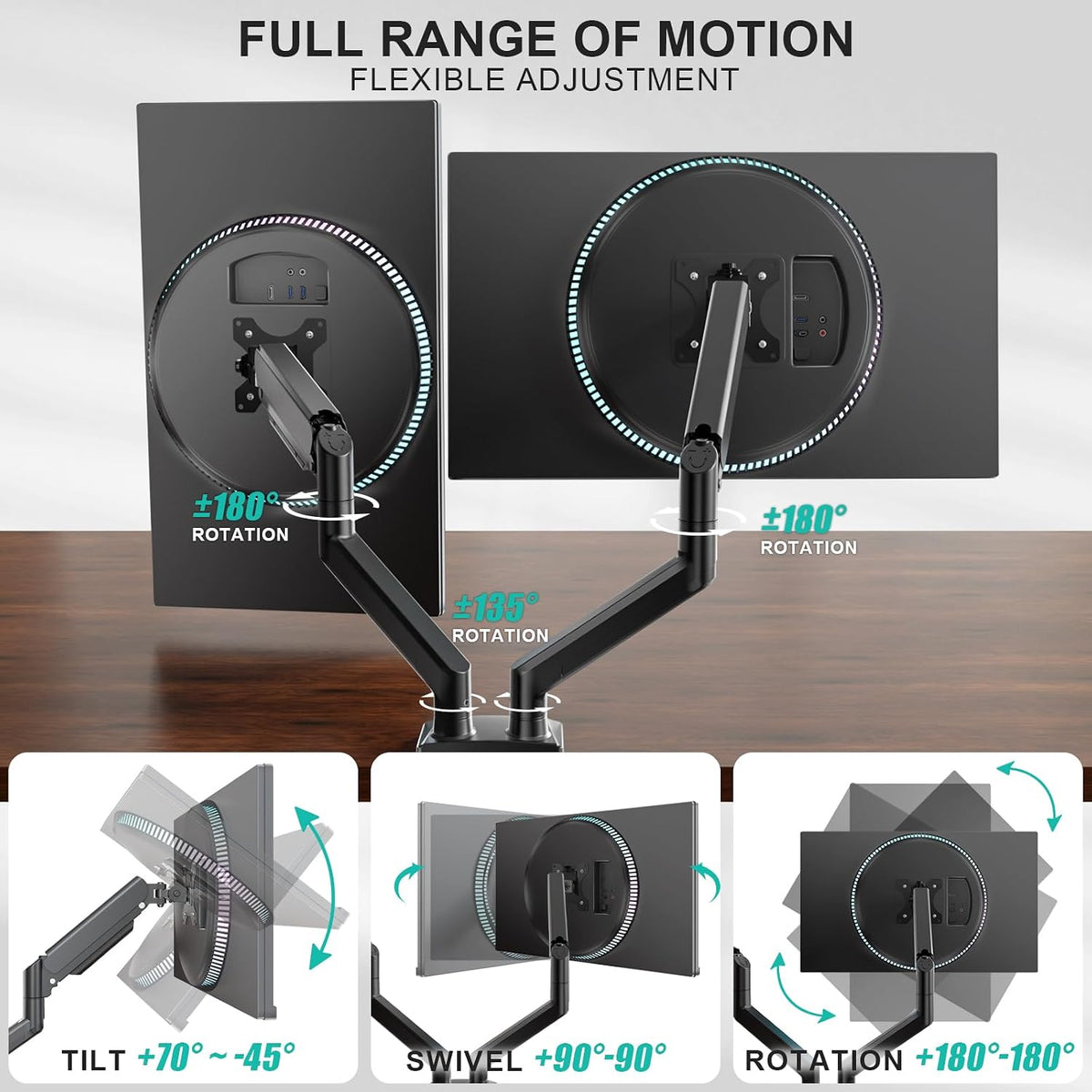 wali adjustable dual monitor arm for 13-32 inch, close-up detail