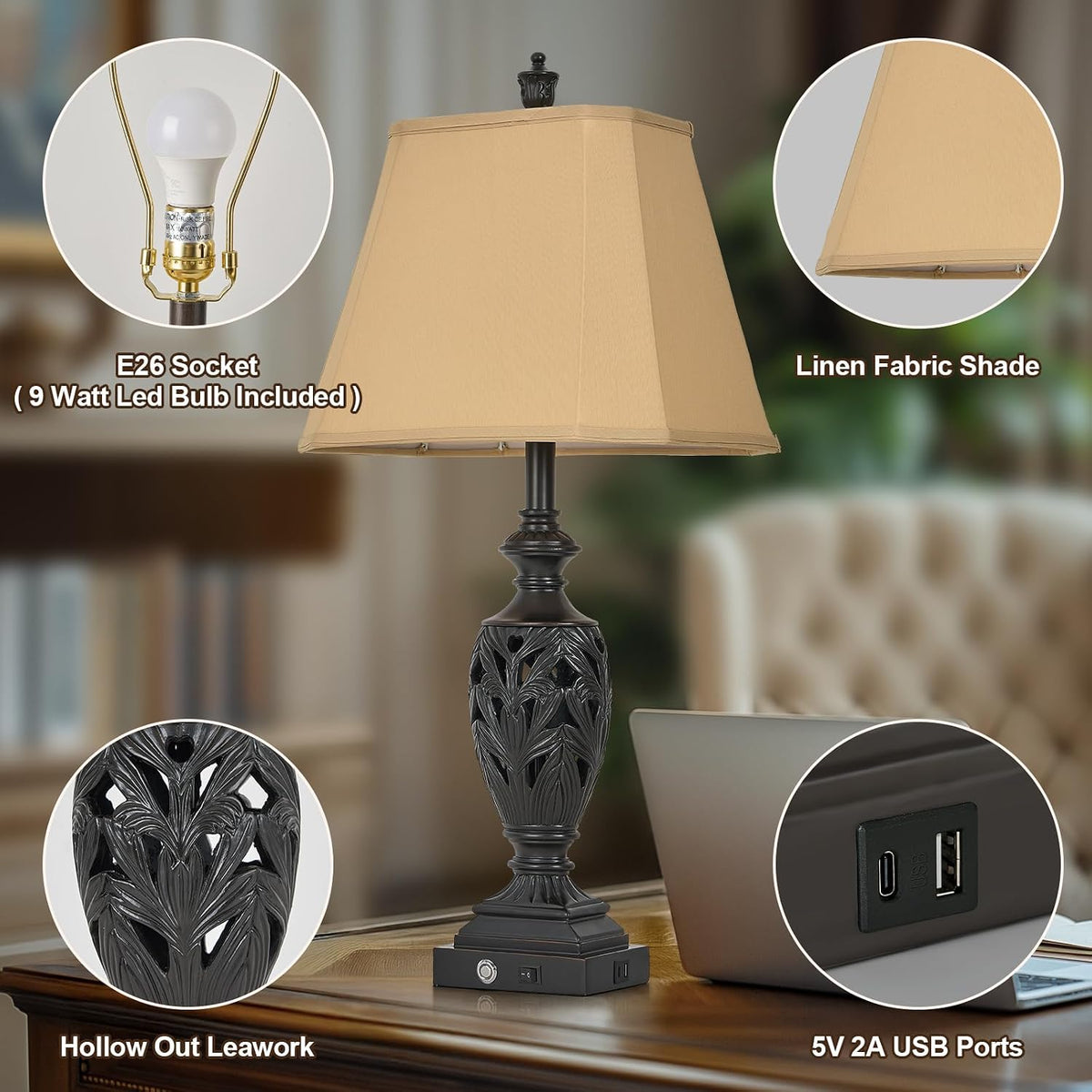 AIDENOEY 29.5" Touch Control Traditional Table Lamp Set of 2 with USB A+C