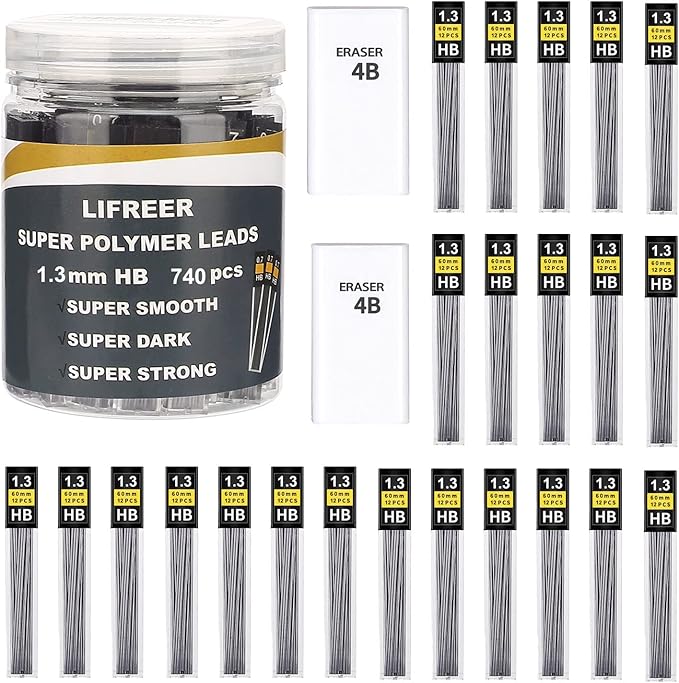 Lifreer 1.3mm Unbreakable Pencil Refills, 2 Premium Erasers, Long Lasting HB by Lifreer