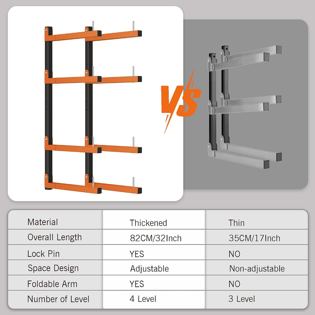 lumber storage rack wall mount, foldable 8-level wood shown in use