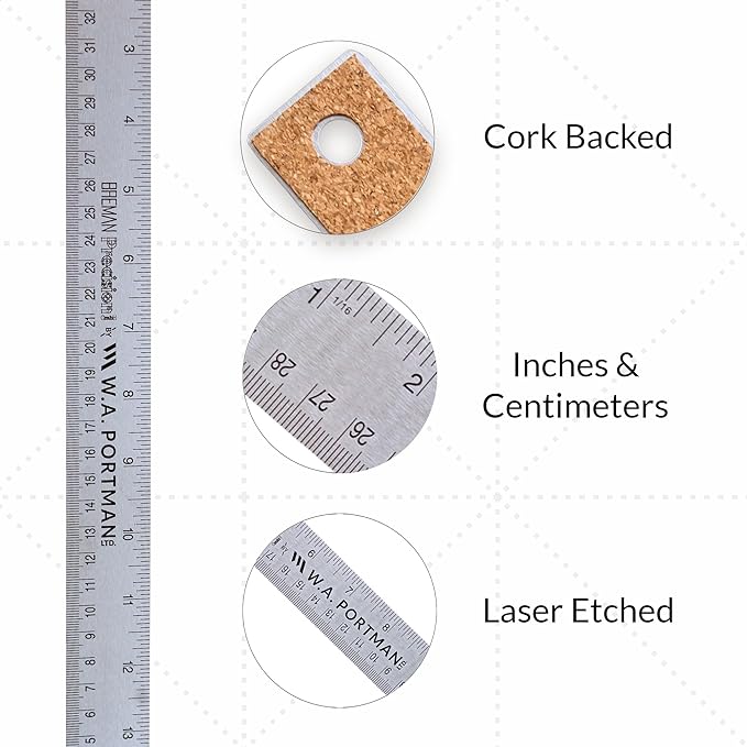Breman Precision Metal Ruler 15 Inch Cork Back – Stainless Steel Straight Edge - Image 2