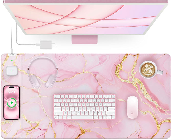 Pink Marble Mouse Pad with 15W Wireless Charging, with 20W Adapter