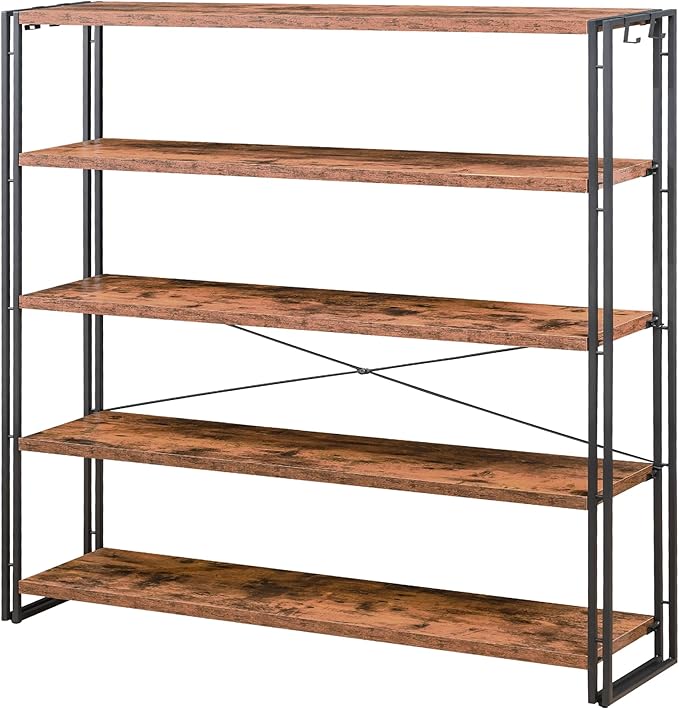 HCHQHS Bookshelf, 5-Tier Industrial Bookcase, Rustic Open Book Shelf, by HCHQHS