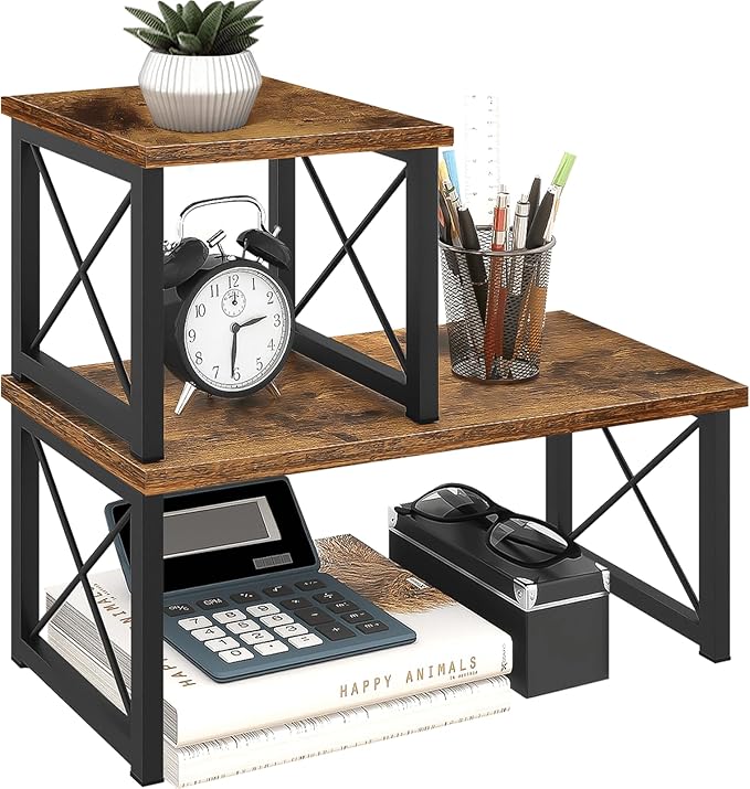 ELITEROO Wood Desktop Shelf, 2 Tier Adjustable Small Bookshelf Organizer by ELITEROO