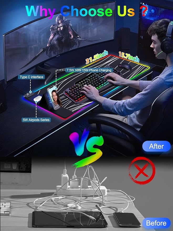 XXL Mouse Pad with Phone Holder, RGB Desk Mat with 15W Fast Charging, LED Large - Image 2