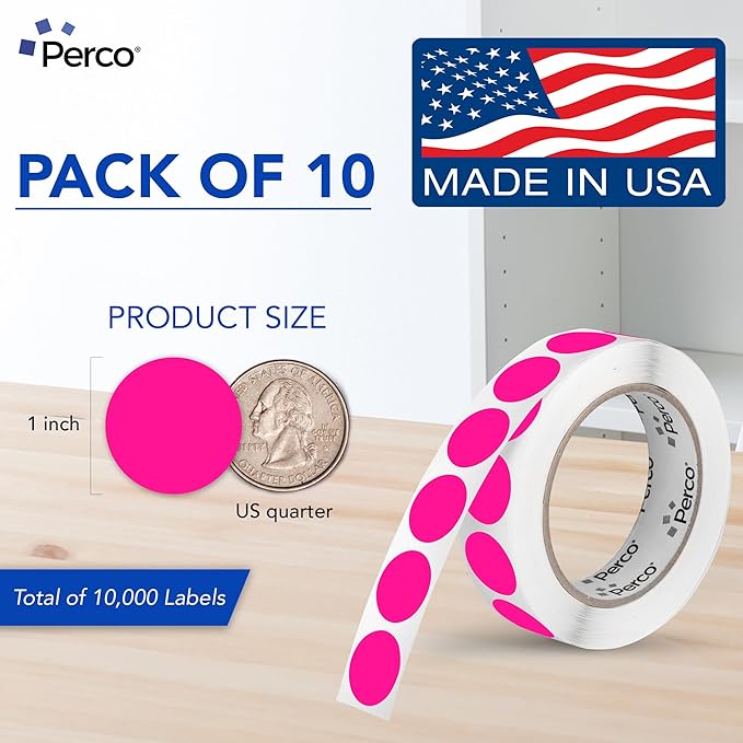 Perco Fluorescent Pink 1-Inch Perforated Circle Dot Sticker Labels — 10 Rolls - Image 2