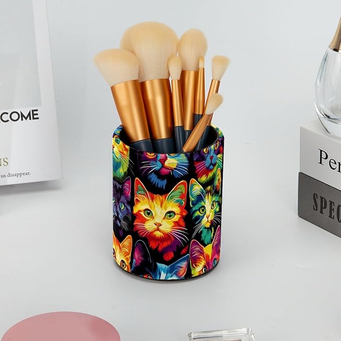 Leather Pen Holder for Desk, Colorful Cat Pattern Pencil Cup Desktop Organizer - Image 6