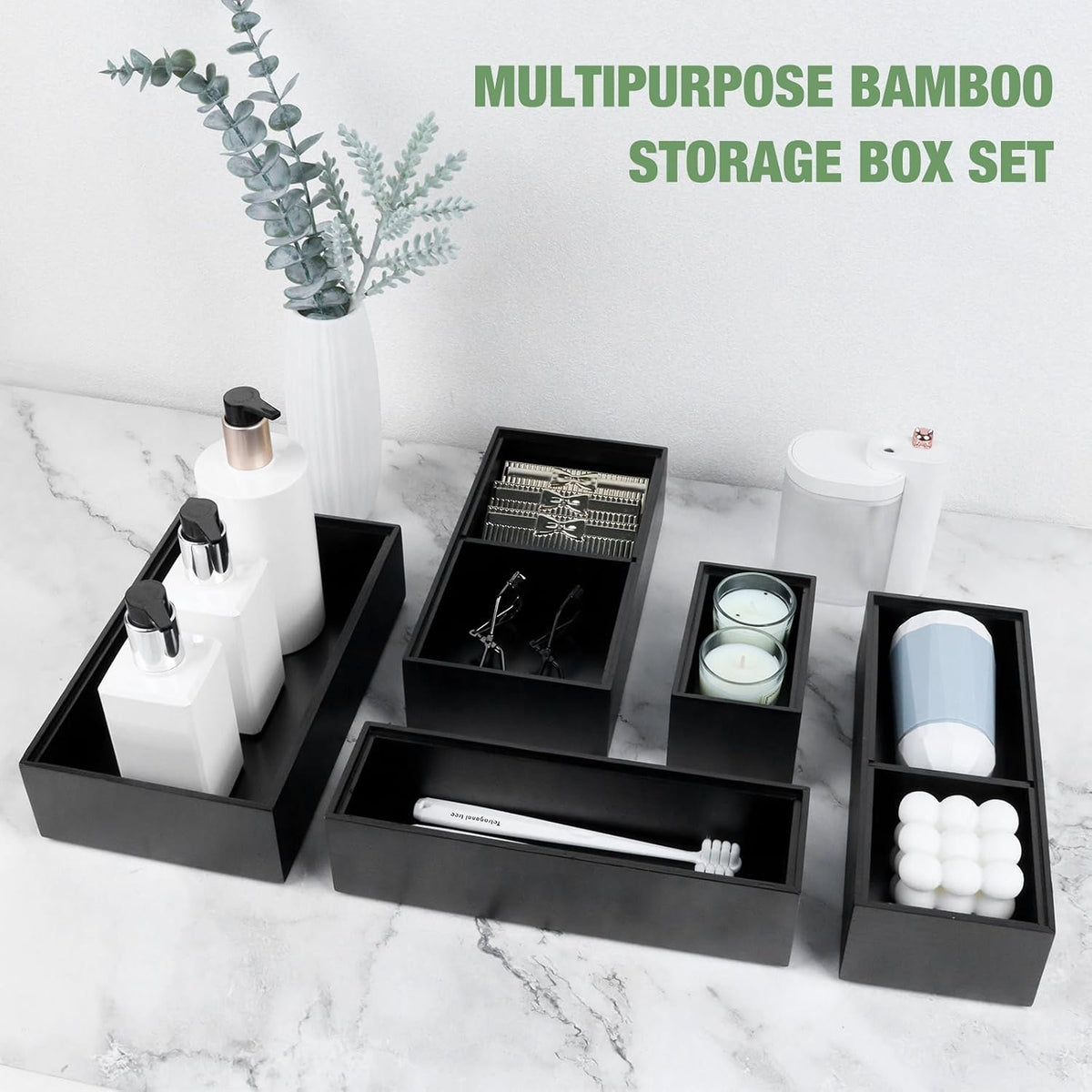 Bamboo Drawer Organizer,5 PCS Black Silverware Tray&Desk Organizers and S...