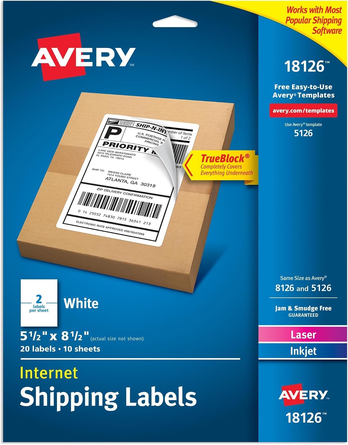 Avery Half-Sheet Printable Shipping Labels, 5.5" x 8.5" Customizable Stickers, White, 20 Blank Mailing Labels, Great for Mailing, Shipping, Organizing, and More (18126) (Pack of 5)