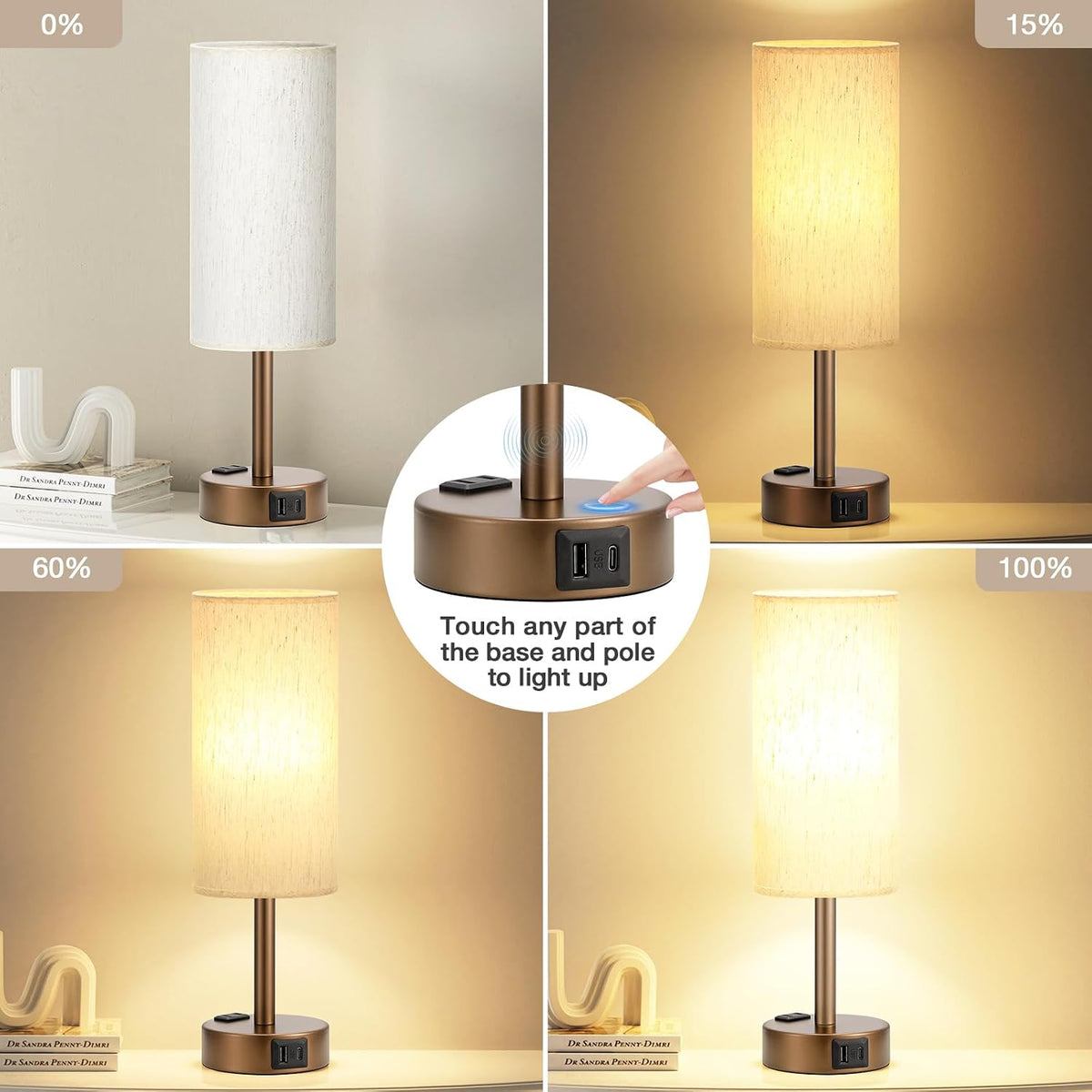 Fenmzee Brown Bedside Lamp for Bedroom, Dimmable Touch, USB A+C, AC Outlet