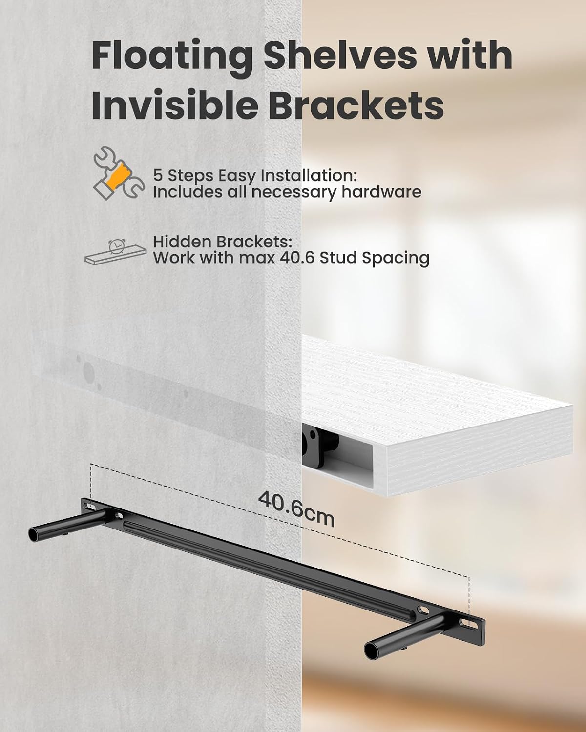 Amada 24 Inch Floating Shelves with Invisible Brackets, Set of 2, White