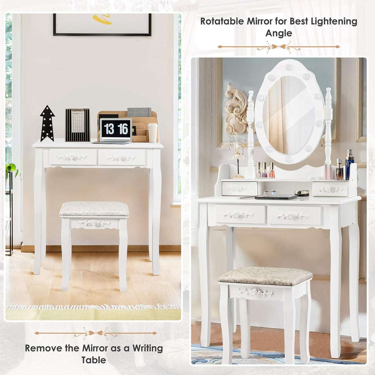 CHARMAID Makeup Vanity Table with 10 LED Lights, 4 Drawers, Storage Shelf, Ro...