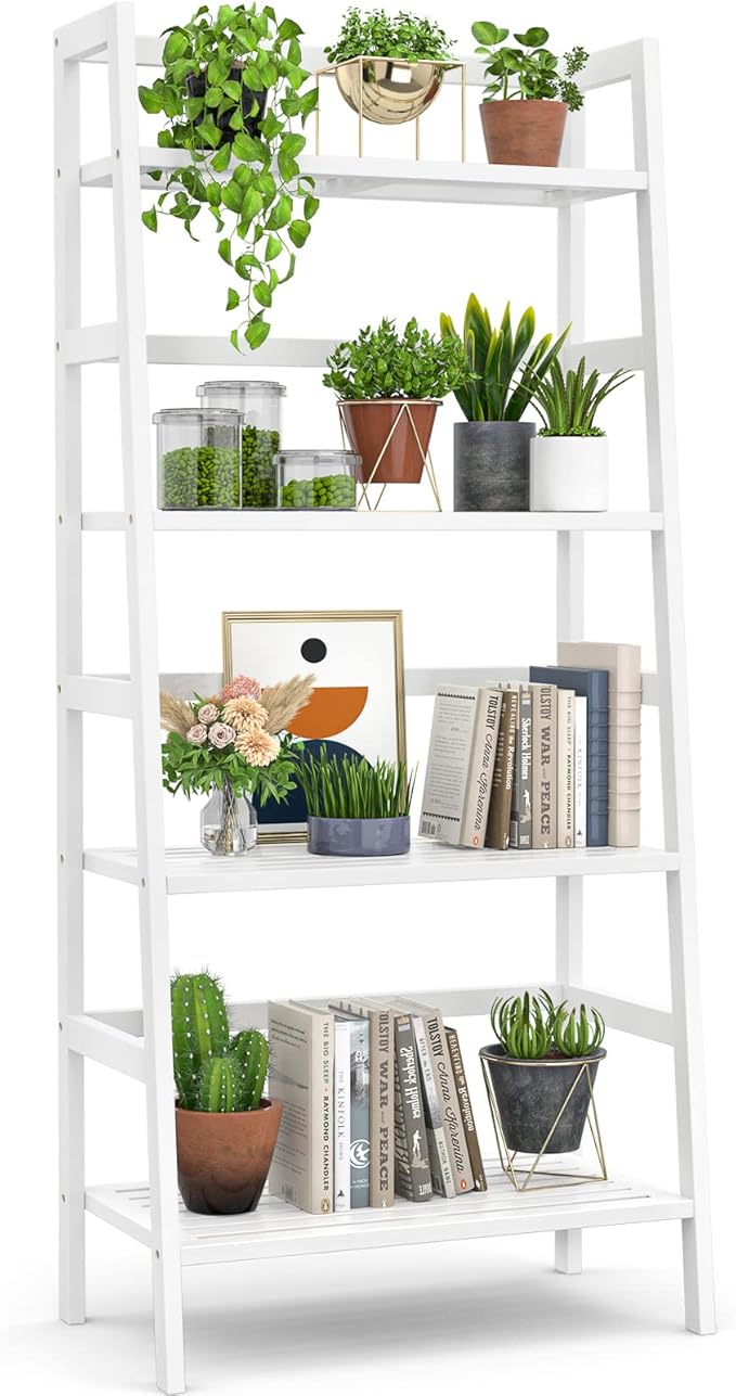 Homykic Ladder Shelf, 4-Tier Bamboo Ladder Bookshelf, 49.2” White Book Shelf by Homykic