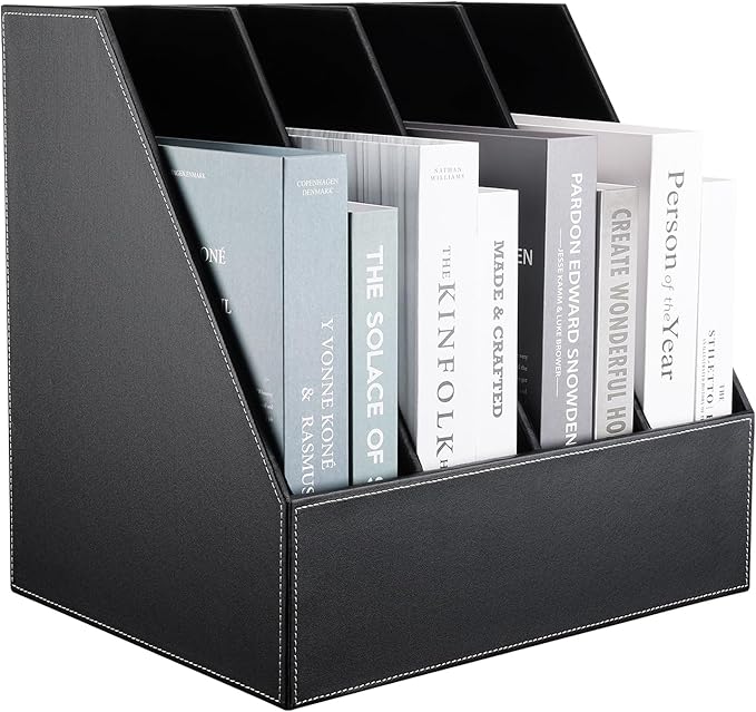 KINGFOM 4-Slot Wood Leather Document Files Holder Rack Stand Desk Files - Image 4