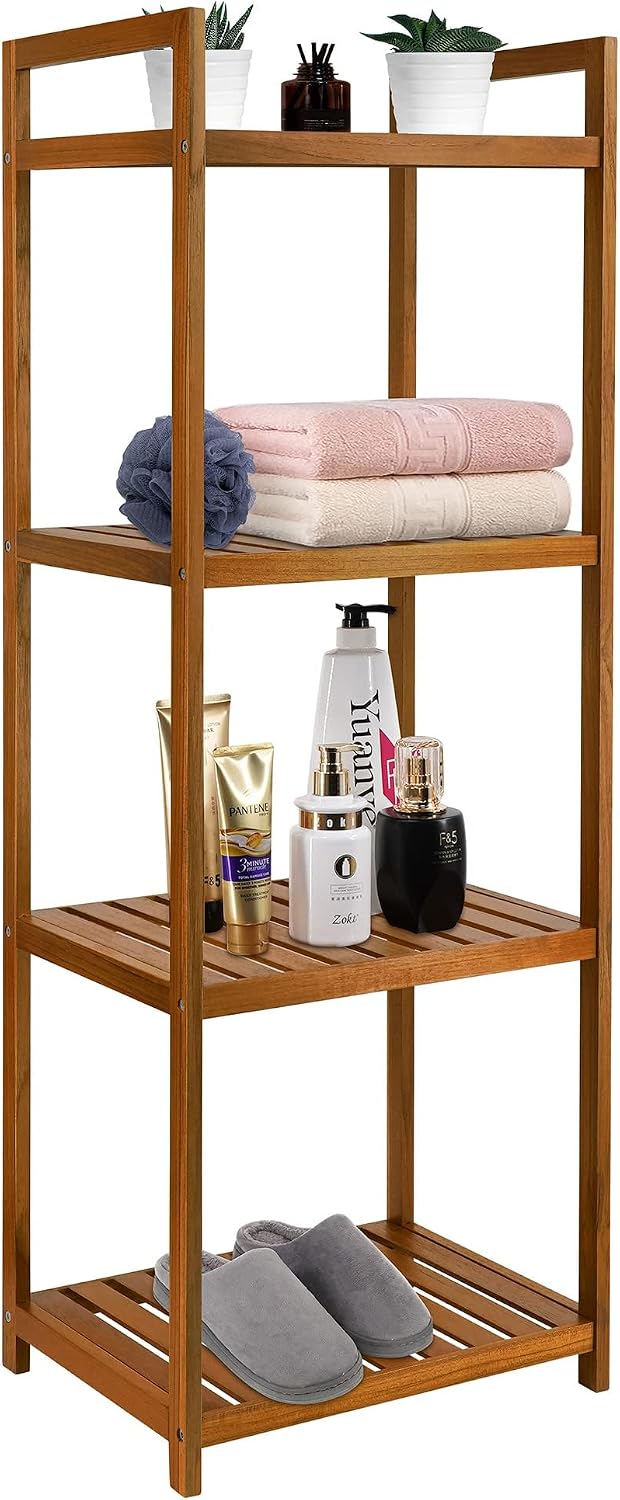 Utoplike Teak Wood Bathroom Shelf Organizer Stand, Standing Shower Caddy