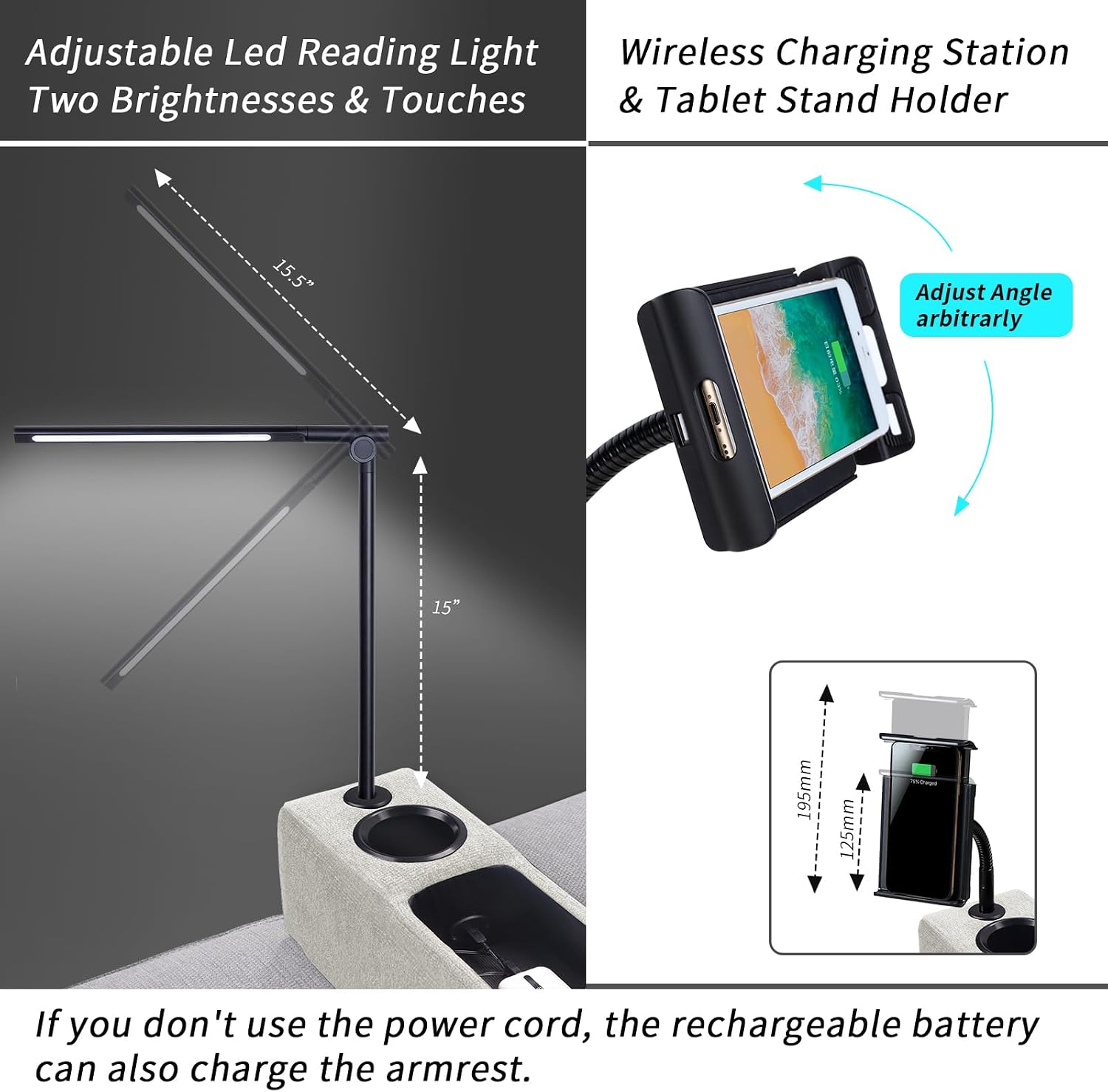Removable Sofa Armrest with Cup Holder, PU Leather Multifunctional Couch Caddy Storage Arm rest with Power Wireless Charging Stand & LED Reading Light for Sofa Middle Seat Adjustable