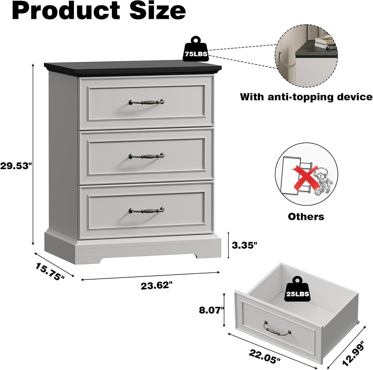 Farmhouse 3 Drawers Dresser for Bedroom, 24" Wide Modern Chest of Drawer...