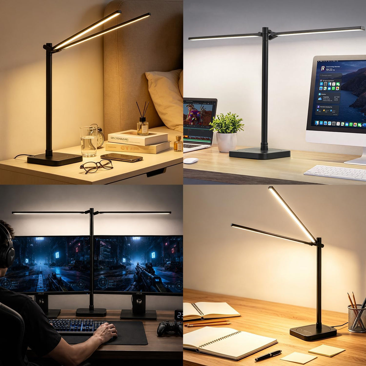 Desk Lamp for Office Home Dual Head 24W Swing Arm Reading Table Lamp Black