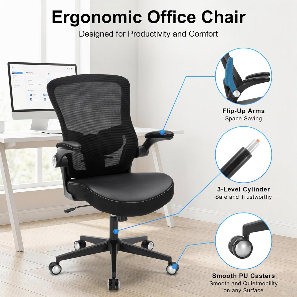 Heavy Duty Office Chair, 400lbs Ergonomic Desk Office Chair for Heavy People, Home Office Desk Chairs with Flip-Up Arms Computer Executive Task Chair with Adjustable Lumbar Support