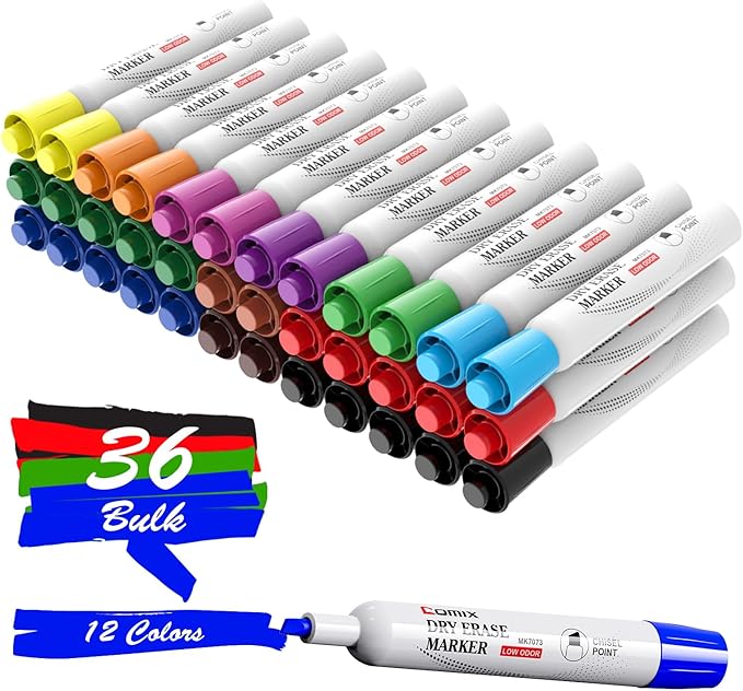 Comix Dry Erase Markers, Chisel Tip Whiteboard Markers, 36 Bulk 12 Assorted by Comix