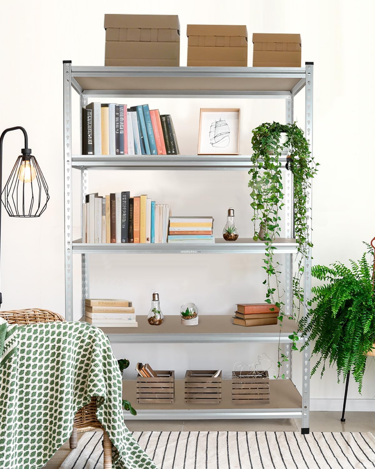 workpro 5-tier shelving, 48”w x 24”d x 72”h shown in use