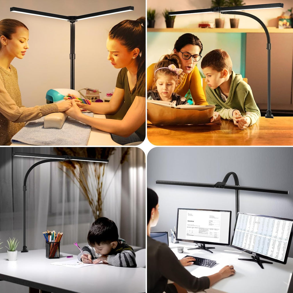 led desk lamp with clamp, dual head monitor on a desk or shelf