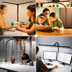 led desk lamp with clamp, dual head monitor on a desk or shelf