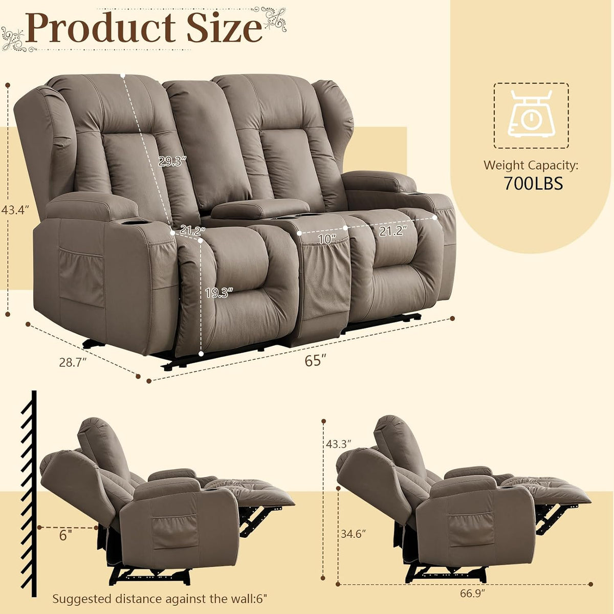 SAMERY 65.5" RV Loveseat Recliner Sofa, Wall Hugger Reclining Loveseat