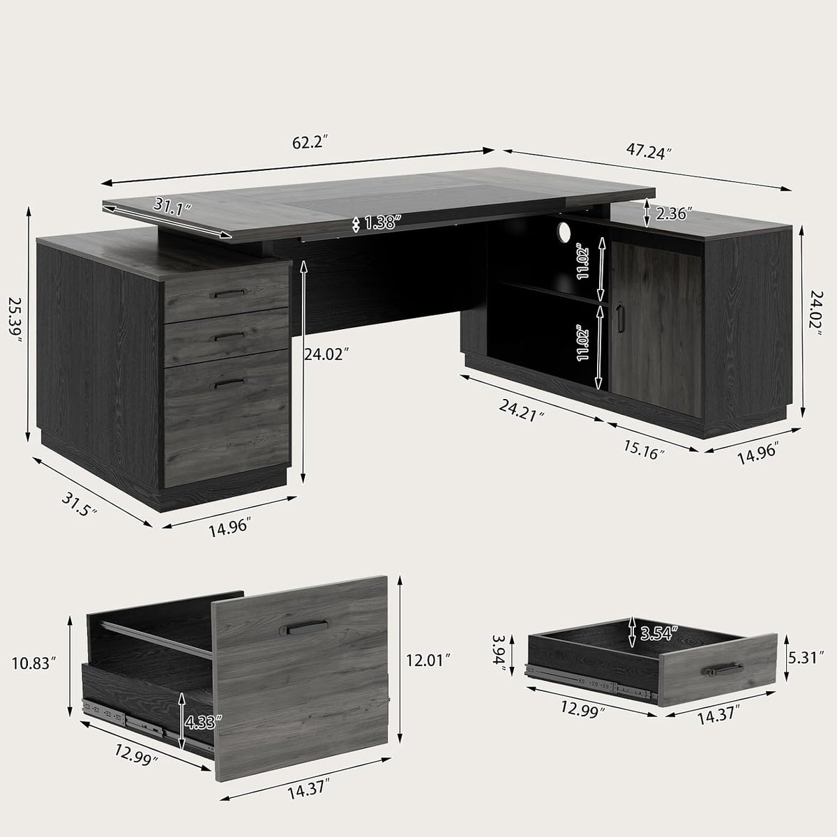 Epecoya L Shaped Desk with Drawers and Open Shelf 78-Inch, Grey Black