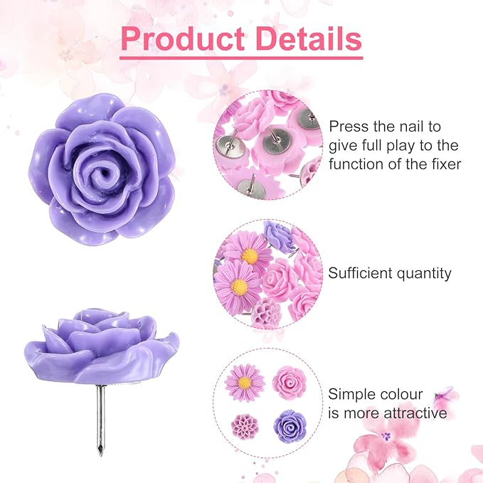 XLIUAX 40Pcs Flower Push Pins, Rose Thumb Tacks Cute Pink Thumbtacks - Image 5