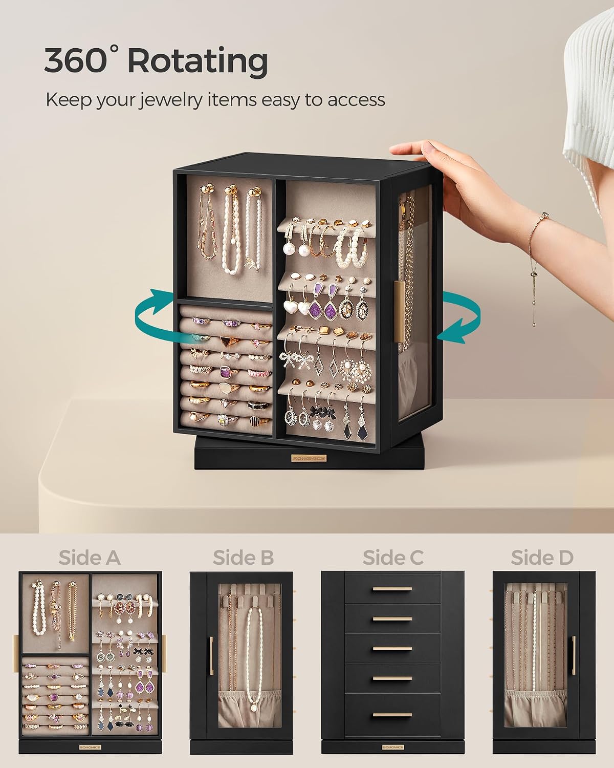 SONGMICS Jewelry Box Organizer, 360° Rotating, 5 Drawers, Ink Black