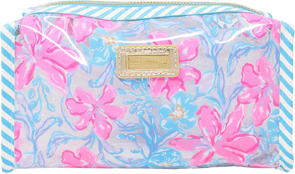 Lilly Pulitzer Vinyl Pouch, Beachside Haven | Cute, Semi-Clear, Water Resistant, Zipper Bag Pencil Case for Stationery, Small Toiletries, and Makeup